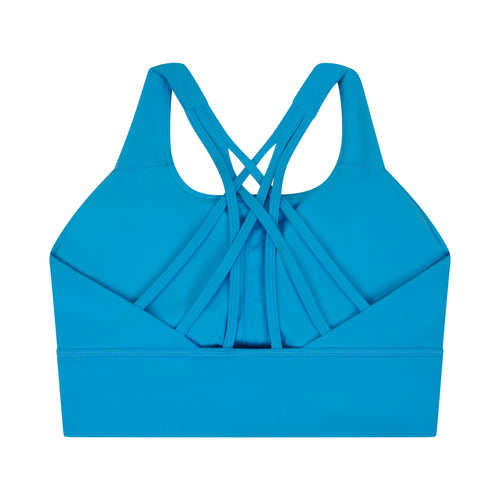 Brand Nu Apparel Essentials Bra in blue, back view with strappy criss-cross detail