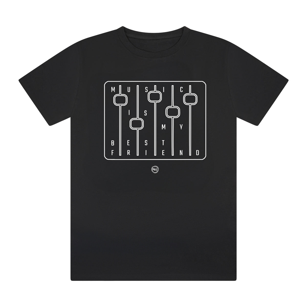 Brand Nu Apparel Music Is My Best Friend Tee in black, front view with mixer graphic